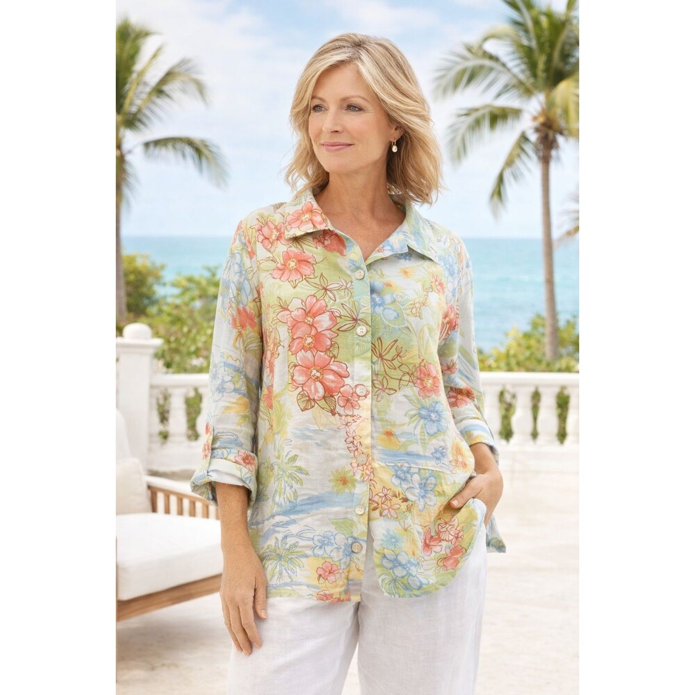 Hot Cotton Linen Tunic Top Tropical Floral Coastal Resort Button Front Sz XL